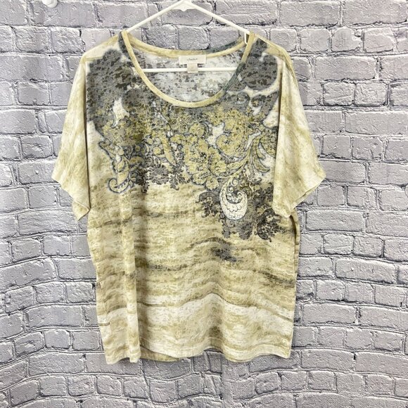 Set Of 3 CJ Banks Womens Short Sleeve Tops 2X Blue & Beige With Sparkle & Print - Picture 6 of 16